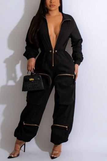 casual plus size non-stretch zip-up pocket drawstring cargo jumpsuit