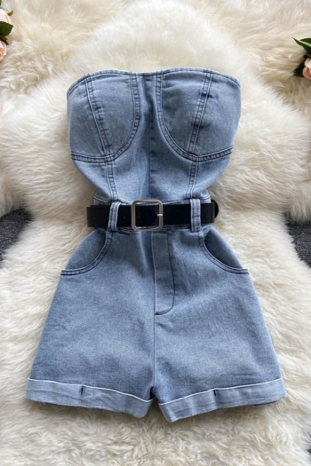 stylish solid color non-stretch tube design zip-up with belt denim playsuit