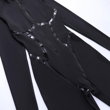 Sexy slight stretch sports leather webbing dividing line zip-up jumpsuit