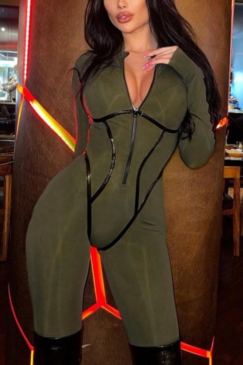 Sexy slight stretch sports leather webbing dividing line zip-up jumpsuit
