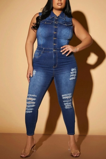 casual plus size slight stretch single-breasted ripped denim jumpsuit