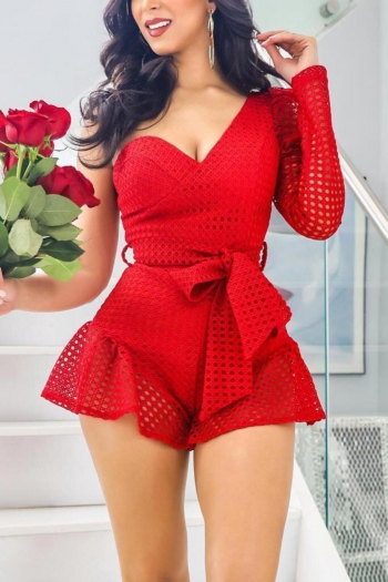 Sexy plus size stretch padded one shoulder zip-up mesh playsuit(with belt)