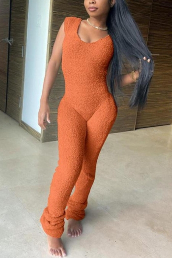 Stylish plus size 5 colors orange teddy fleece stretch sleeveless slim jumpsuit