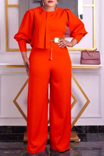 casual plus size slight stretch orange lantern sleeve jumpsuit (with belt)