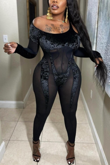 sexy high stretch see through mesh stitching long sleeve skinny jumpsuit