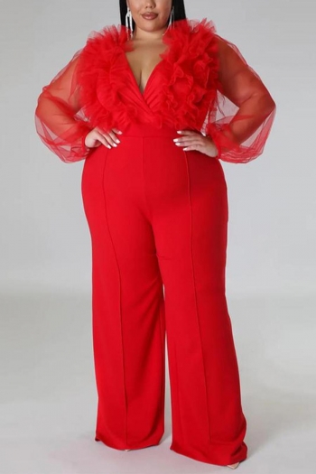 sexy plus size slight stretch mesh patchwork see-through zip-up deep v jumpsuit
