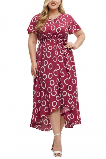 casual plus size non stretch polka dot printing ruffle midi dress (with belt)