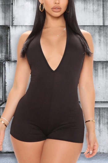 sexy plus size solid color stretch halter-neck backless slim playsuit