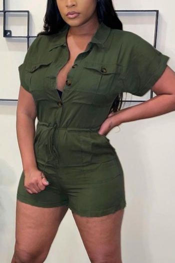 casual plus size slight stretch single-breasted drawstring cargo playsuit