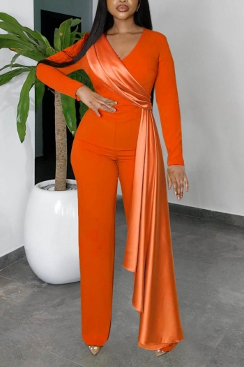 casual slight stretch patchwork v-neck orange stylish straight jumpsuit