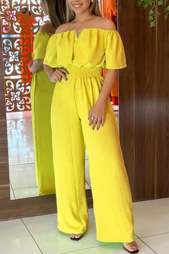 casual non-stretch solid color off-shoulder waist straight leg jumpsuit