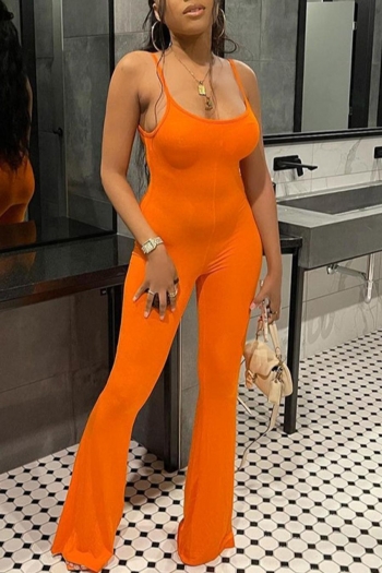 casual slight stretch simple solid color orange sling flared jumpsuit