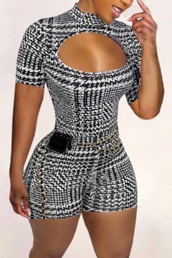 sexy plus size slight stretch houndstooth printing hollow slim playsuit (without belt)
