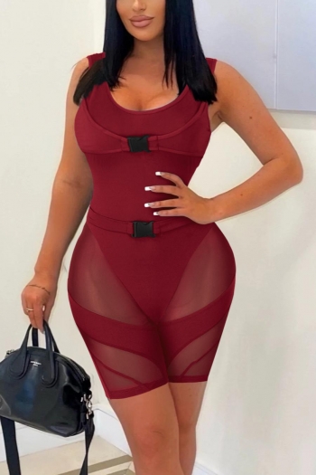 sexy plus size stretch 5 colors mesh stitching release buckle skiny playsuit