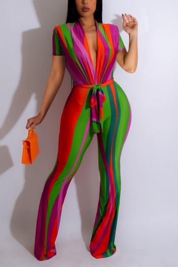 sexy plus size slight stretch multicolor stripe printing deep v belt jumpsuit