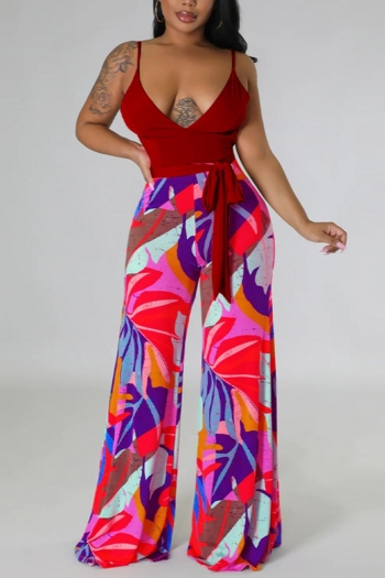 sexy plus size slight stretch leaf print spliced backless jumpsuit (with belt)