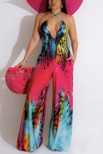 sexy plus size stretch fixed printing halter-neck pocket wide-leg jumpsuit