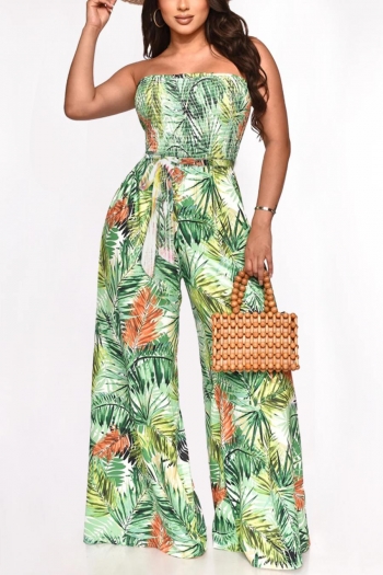 casual plus size slight stretch leaves batch printing tube design jumpsuit