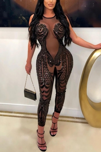 sexy plus size stretch see through mesh spliced sequin zip-up slim jumpsuit