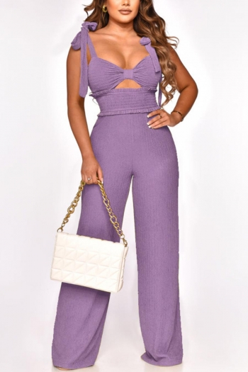 Stylish stretch solid color hollow lace-up zip-up jumpsuit