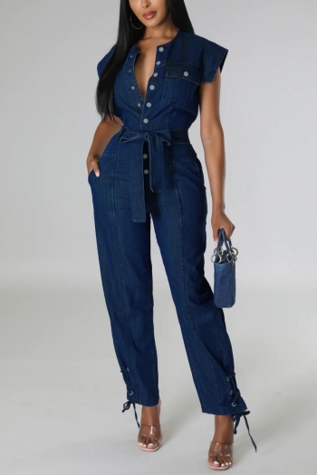 stylish plus size non-stretch single-breasted with belt denim jumpsuit
