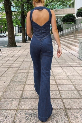 sexy xs-2xl plus size non-stretch zip-up backless sleeveless denim jumpsuit