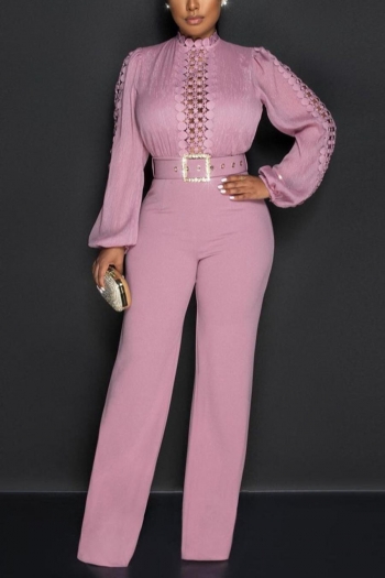 sexy slight stretch solid color hollow zip-up belt wide leg jumpsuit