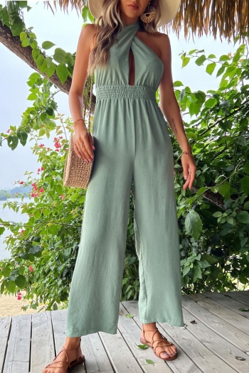 sexy slight stretch solid color halter neck backless hollow wide-leg jumpsuit
