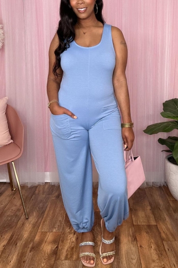sexy plus size stretch solid color sleeveless jumpsuit
