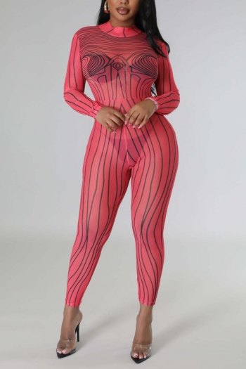 sexy plus size slight stretch mesh see-through stripe zip-up slim jumpsuit