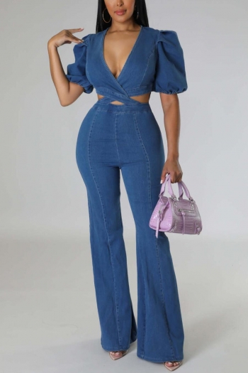 sexy plus size non-stretch denim hollow zip-up puff sleeve jumpsuit