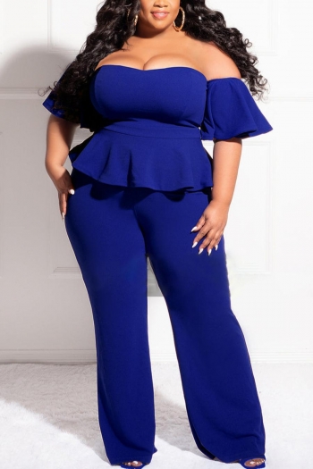 sexy xl-5xl plus size slight stretch off-the-shoulder ruffle zip-up jumpsuit