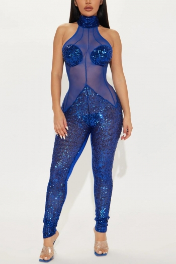 sexy plus size slight stretch sequins mesh see-through halter neck slim jumpsuit