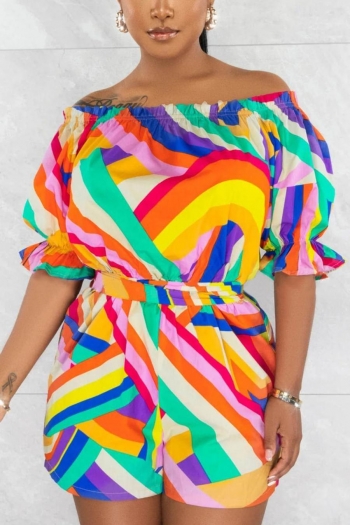 stylish plus size stretch stripe printing off-the-shoulder with belt playsuit