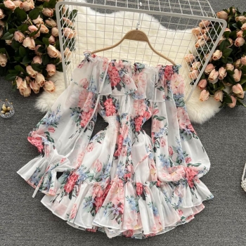 stylish non-stretch floral printing chiffon off-the-shoulder with lined playsuit