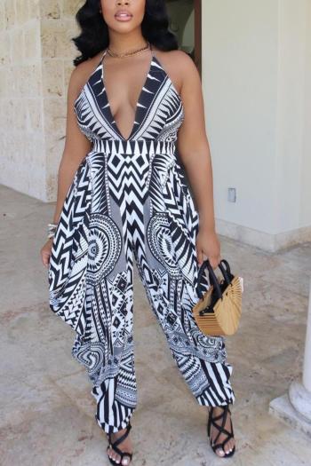 sexy plus-size slight stretch halter-neck loose positioning printing jumpsuit
