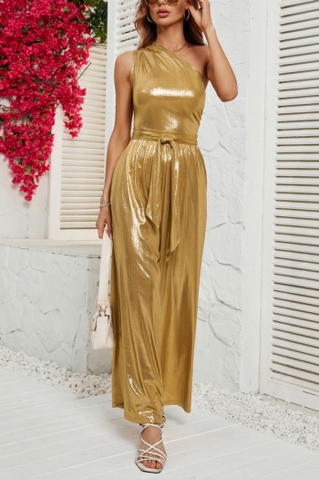 casual slight stretch glossy fabric one shoulder loose with belt jumpsuit