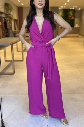 casual non-stretch solid color v-neck with belt jumpsuit