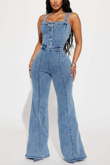 stylish plus size non-stretch denim single-breasted zip-up flared jumpsuit