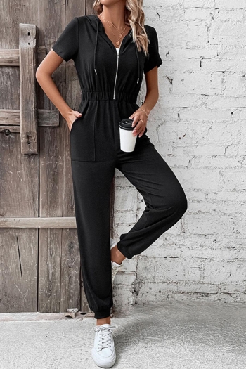 casual slight stretch hooded zip-up pocket jumpsuit