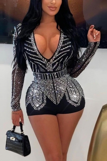 sexy plus size stretch solid color rhinestone deep-v long sleeve slim playsuit