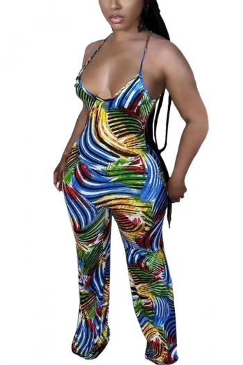 sexy plus size batch printing stretch sling backless jumpsuit(with kerchief)