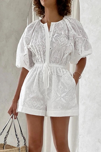 stylish non-stretch pure cotton cut out jacquard drawstring playsuit