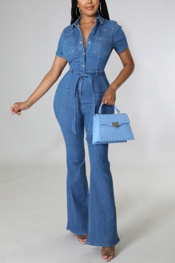 stylish plus size non-stretch single-breasted with belt denim flared jumpsuit