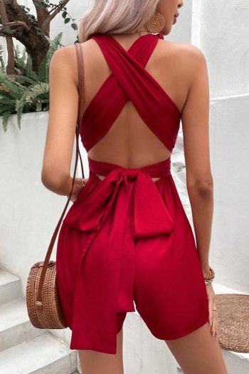 sexy non-stretch solid color backless lace-up v-neck playsuit