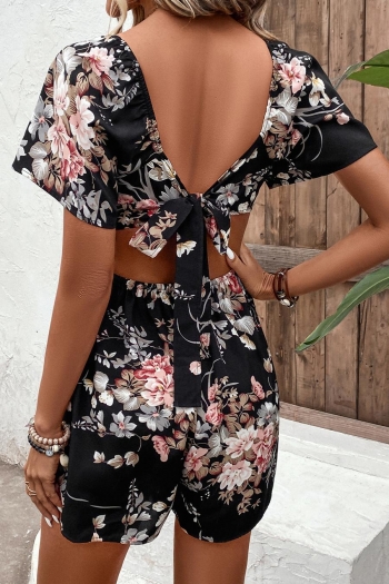 sexy slight stretch flower batch printing square neck hollow lace-up playsuit