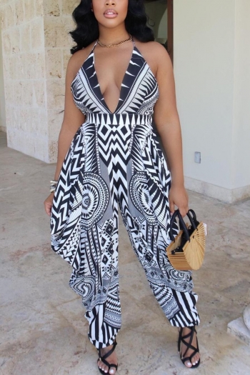 sexy plus-size stretch positioning printing backless jumpsuit