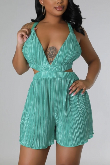 sexy plus size slight stretch solid color sling backless pleated playsuit
