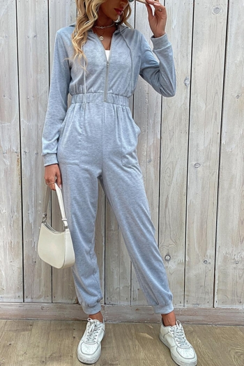 casual non-stretch zip-up pocket hooded jumpsuit