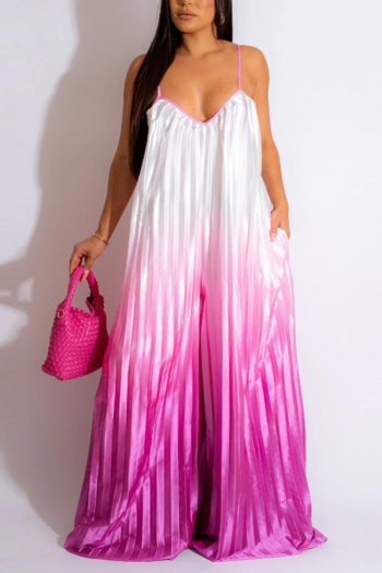 sexy plus size slight stretch gradient color backless wide-leg pleated jumpsuit